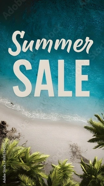 Fototapeta Summer Sale Promotion on Tropical Beach with Palm Trees and Crystal Clear Ocean Water Background