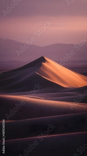 Fototapeta Golden sand dunes illuminated by warm sunset light in a vast desert landscape with distant mountains under a soft purple sky