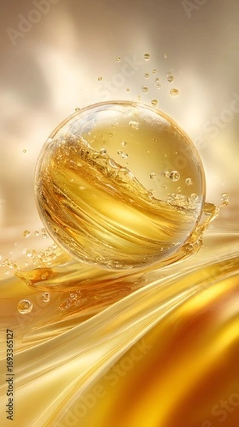 Fototapeta Golden liquid droplet suspended in motion with swirling amber waves and sparkling bubbles against a radiant warm background