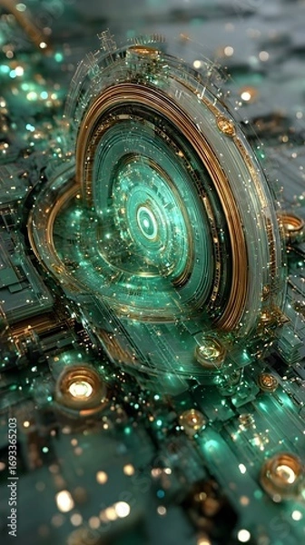 Fototapeta Futuristic quantum energy core glowing with teal light embedded in a high-tech circuitry landscape featuring intricate golden rings and illuminated nodes