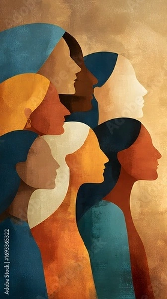 Fototapeta Abstract artistic portrayal of diverse women in profile with vibrant colors and layered silhouettes against a warm textured background