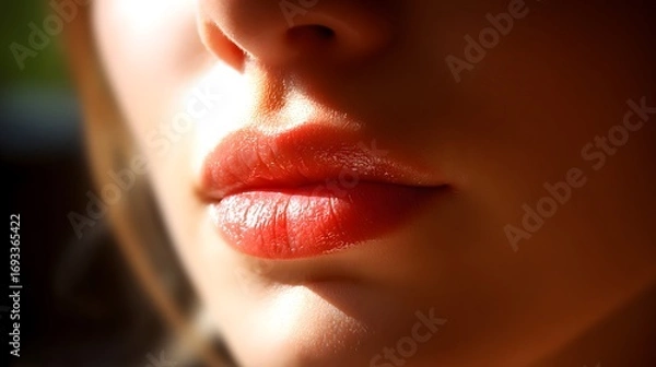 Fototapeta Close-up of a woman's lips with vibrant red lipstick, soft natural lighting, smooth skin texture, and subtle shadows highlighting facial contours