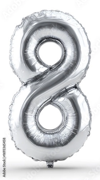 Fototapeta Shiny Silver Number Eight Foil Balloon Isolated on White Background with Reflective Surface and Elegant Curved Design for Celebrations and Events