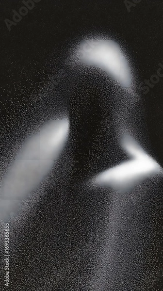 Fototapeta Blurred silhouette of a human figure in dark monochrome tones with abstract motion and grainy texture suggesting mystery and anonymity