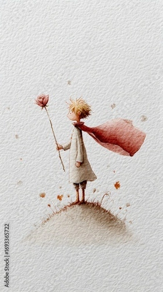 Fototapeta Whimsical watercolor illustration of a small child with blonde hair standing on a tiny hill holding a single rose with a flowing red cape in the wind
