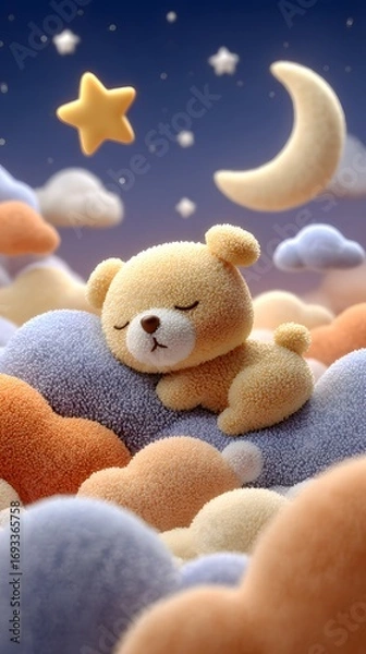Fototapeta Cute sleeping teddy bear nestled on fluffy clouds under a starry night sky with a crescent moon and glowing stars