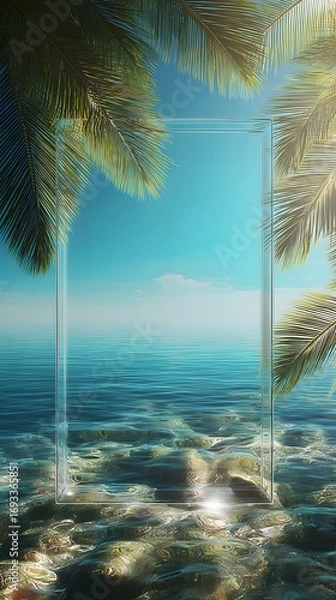 Fototapeta Transparent glass door frame overlooking crystal-clear turquoise ocean waters with palm fronds framing the view under a bright blue sky and sunlight reflecting on the sea surface