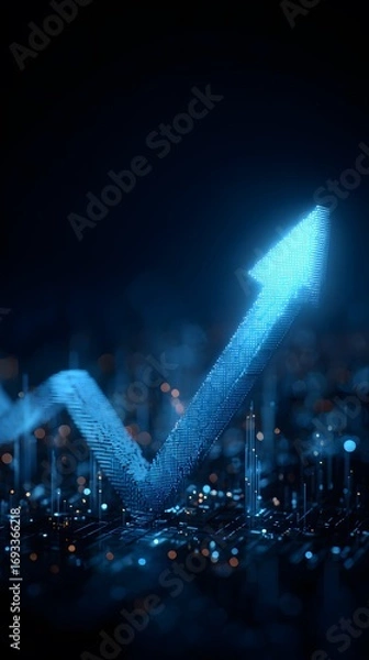 Fototapeta Digital arrow graph rising upward in futuristic blue glow with glowing particles and circuit-like background representing technology growth and data analytics