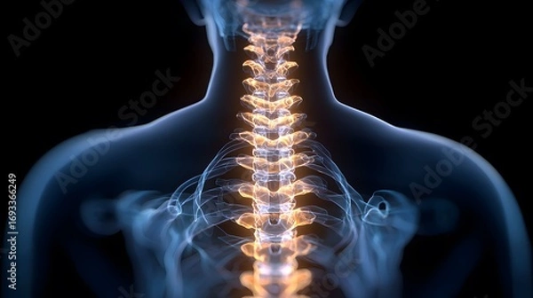 Fototapeta Human Spine Anatomy Highlighted with Glowing Vertebrae in a Transparent Body Outline Against Dark Background