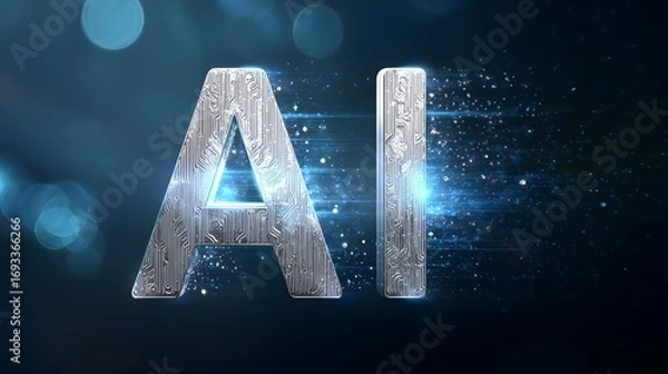 Fototapeta Artificial Intelligence AI Technology Symbol with Futuristic Circuit Design and Glowing Blue Light Effects on Dark Background