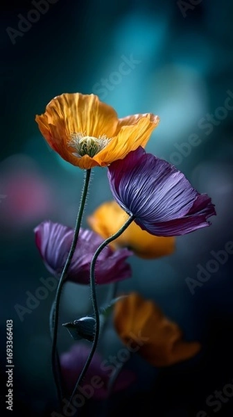 Fototapeta Vibrant orange and deep purple poppies in full bloom against a dark blurred background with soft bokeh lighting highlighting delicate petals and slender stems