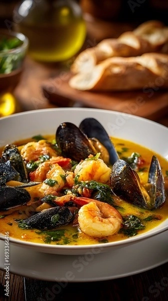 Fototapeta Delicious seafood stew with mussels, shrimp, and herbs in a rich orange broth served in a white bowl with bread and olive oil in the background