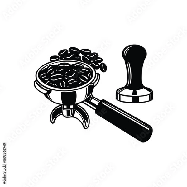 Fototapeta Coffee portafilter with beans and tamper illustration in black and white style