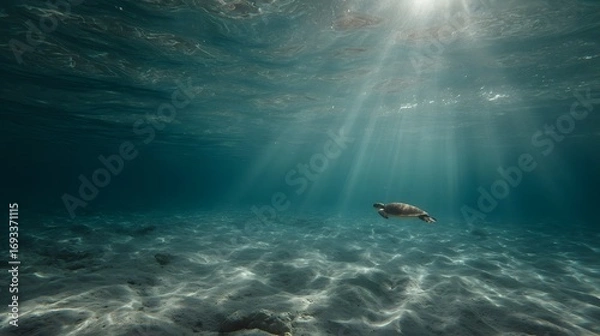 Fototapeta A serene underwater scene showcases a sea turtle gliding through sunlit, tranquil water.