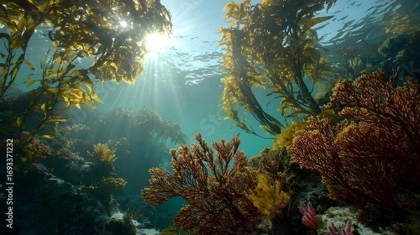 Fototapeta Sunlight streams through kelp forests, illuminating vibrant underwater coral formations.