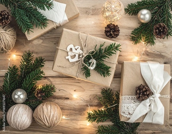 Obraz Rustic Christmas Gifts with Pine Branches, Pinecones, and Holiday Decorations