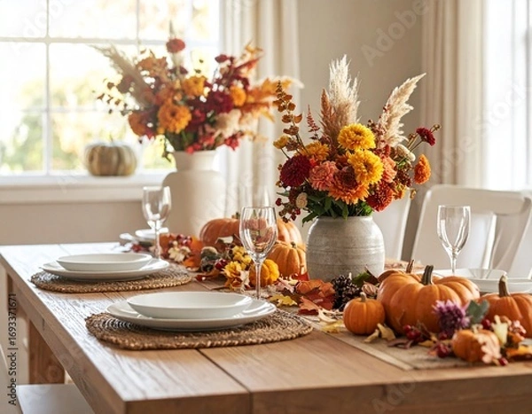 Obraz Thanksgiving table with pumpkins and flowers