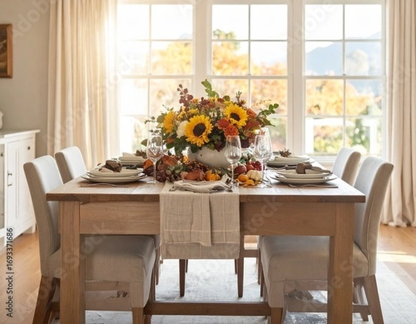 Obraz Thanksgiving table with pumpkins and flowers