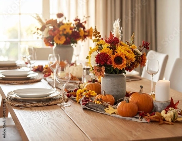Obraz Thanksgiving table with pumpkins and flowers