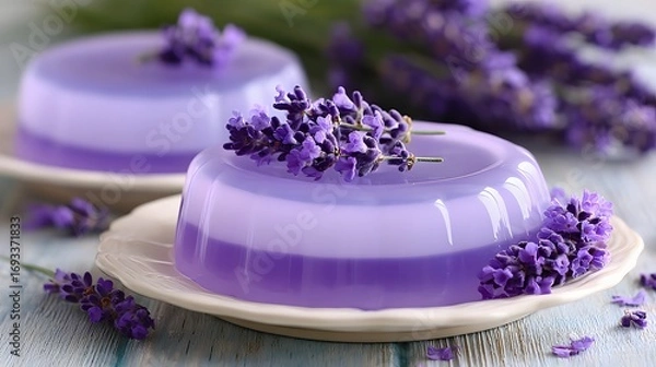 Fototapeta Two round lavender-flavored desserts, layered in shades of purple, sit on white plates, adorned with sprigs of fresh lavender.