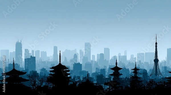 Fototapeta A tranquil vista showcasing a Japanese metropolis, with ancient pagodas juxtaposed against modern skyscrapers, evoking a sense of cultural harmony and urban dynamism.