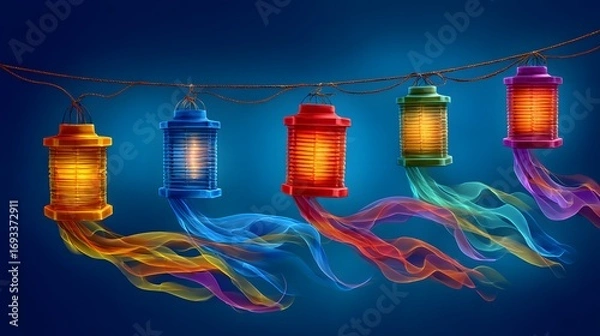 Fototapeta Colorful lanterns with flowing ribbons hang on a dark background, creating a vibrant and enchanting scene.