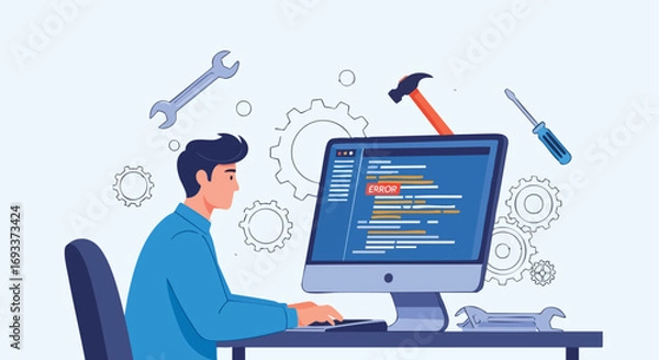 Fototapeta A male programmer fixing a system error on a computer while surrounded by tools and gears.