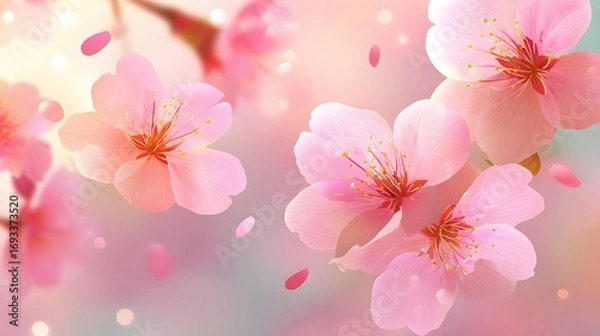 Fototapeta Delicate pink cherry blossoms float gracefully in a soft, pastel background, highlighting their beauty and delicate petals.