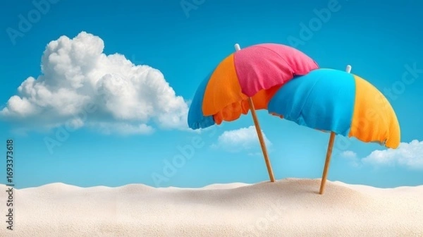 Fototapeta Two vibrant beach umbrellas, painted in shades of pink, orange, and blue, stand on a pristine white sandy shore against a clear cerulean sky dotted with fluffy white clouds.