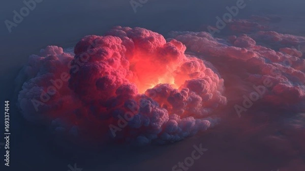 Fototapeta A dramatic, vibrant cloud formation glows with an inner light, showcasing a fiery, pink hue against a twilight sky.