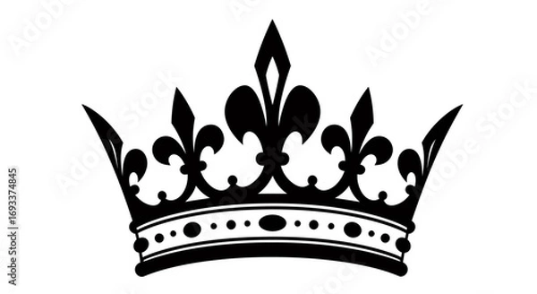 Fototapeta A sophisticated black silhouette of a classic royal crown, adorned with elegant fleur-de-lis details, presented as a versatile vector graphic.