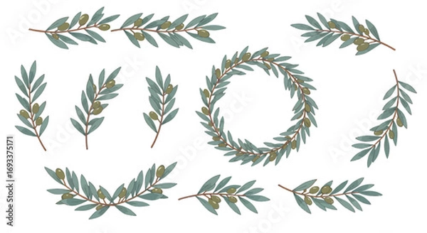 Fototapeta Vector illustration of olive branches and wreaths, perfect for adding a touch of elegance and nature to your designs.  Download this PNG set for your projects, including logos, cards, and more.