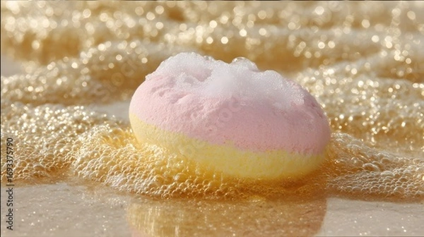 Fototapeta A vibrant, light-pink and yellow bath sponge rests amidst a bubbly, golden-toned surface, creating a relaxing and refreshing scene.