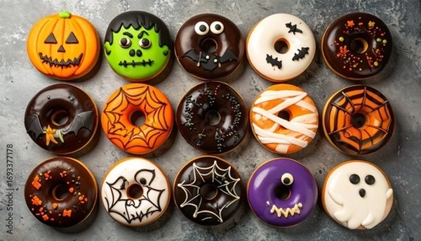 Obraz  A vibrant top-down view of Halloween themed donuts on a rustic surface. Each donut is uniquely decorated, featuring spooky designs like jack-o'-lanterns, mummies, and spiderwebs.  