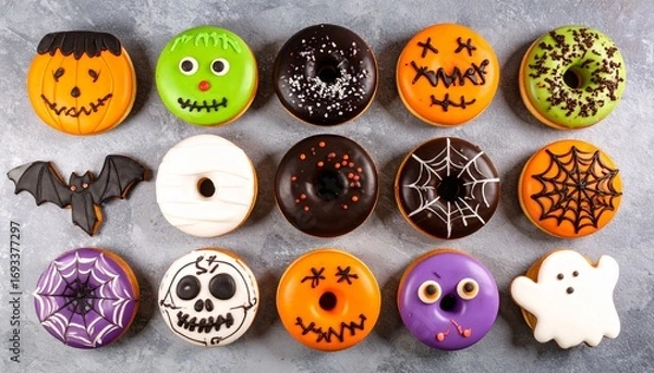 Obraz  A vibrant top-down view of Halloween themed donuts on a rustic surface. Each donut is uniquely decorated, featuring spooky designs like jack-o'-lanterns, mummies, and spiderwebs.  