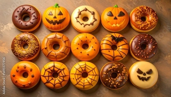 Obraz  A vibrant top-down view of Halloween themed donuts on a rustic surface. Each donut is uniquely decorated, featuring spooky designs like jack-o'-lanterns, mummies, and spiderwebs.  