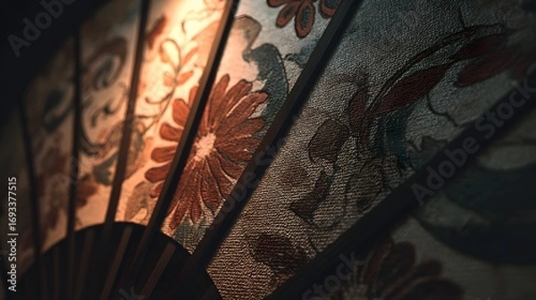 Fototapeta Close-up view of intricate floral patterns adorning the ornate sections of a traditional fan.
