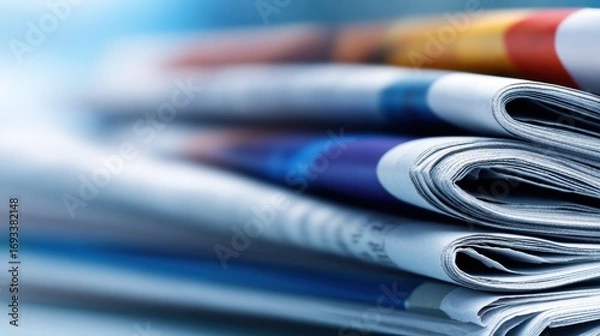 Obraz Close-up of neatly stacked newspapers showcasing colorful headlines and articles in a blurred background