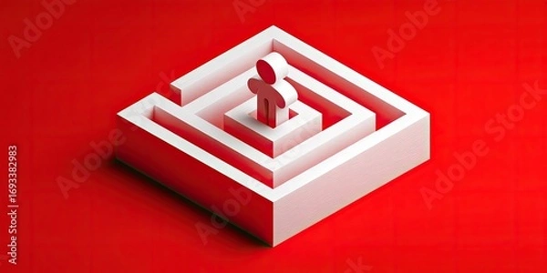 Fototapeta White figure in a white 3D maze on a red background