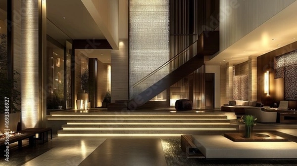 Fototapeta Luxurious interior of a building, with staircase, modern decor, lighting and lounge area