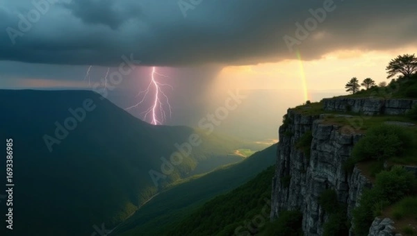Fototapeta A dramatic lightning-struck ridge set against a turbulent sky with thick grey clouds, overlooks a darkened emerald valley
