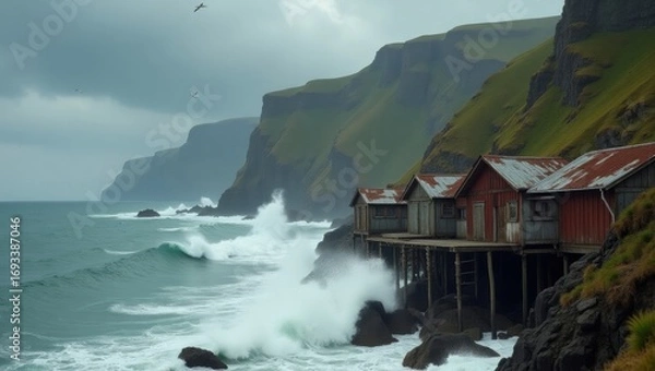 Fototapeta A dramatic windswept coastal bay with steep rocky cliffs plunging into the turbulent sea