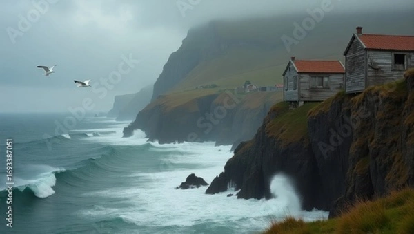 Fototapeta A dramatic windswept coastal bay with steep rocky cliffs plunging into the turbulent sea