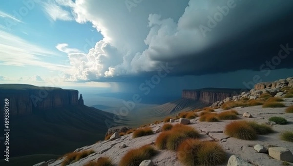Fototapeta A rugged rocky plateau with sweeping panoramic vistas, craggy cliff edges, and weathered rock formations