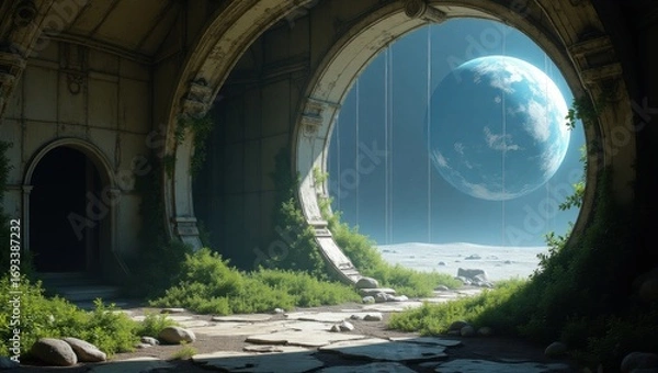 Fototapeta Abandoned lunar colony inside a massive transparent glass dome, with wild plants and vines retaking the base