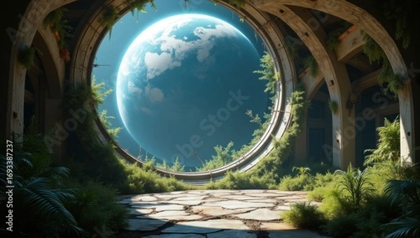 Fototapeta Abandoned lunar colony inside a massive transparent glass dome, with wild plants and vines retaking the base