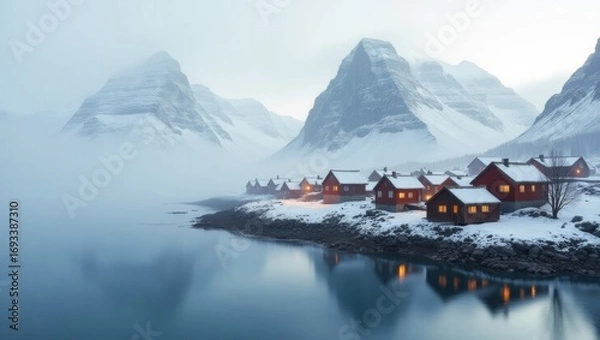 Fototapeta Isolated Nordic fishing village surrounded by frosty waters and rugged shoreline, enveloped in a thick misty fog