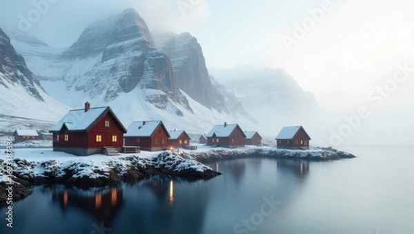 Fototapeta Isolated Nordic fishing village surrounded by frosty waters and rugged shoreline, enveloped in a thick misty fog