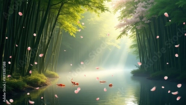 Fototapeta Misty bamboo grove with dense foliage, delicate sunbeams filtering through the leaves