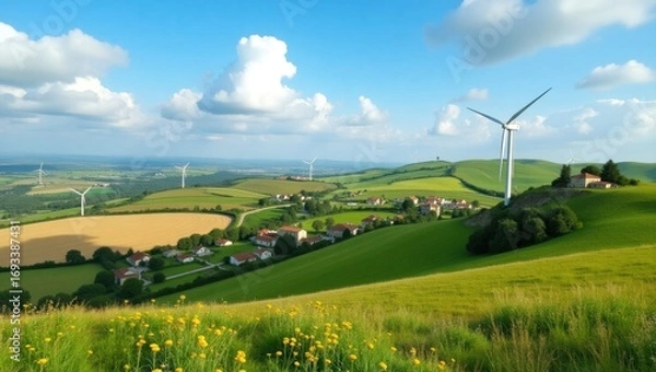 Fototapeta Rolling hills with lush green grass and wildflowers divided by patchwork farmland featuring a variety of crops and textures